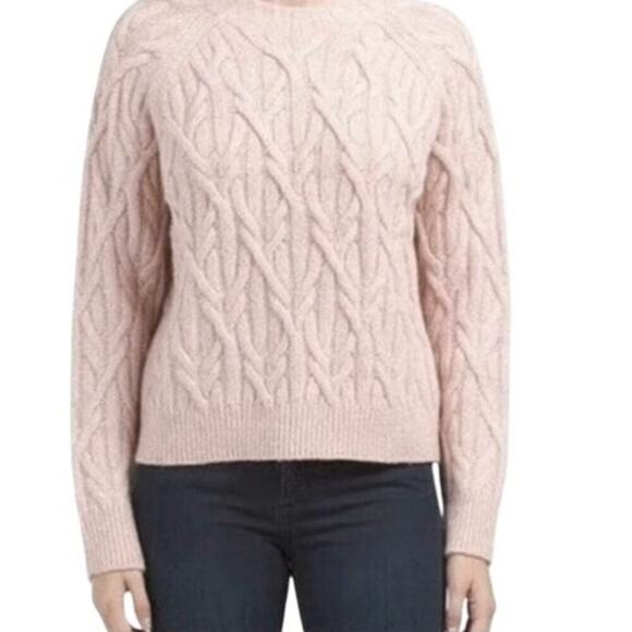 Vince Interlocking Cable Rose Tan Cashmere Merino Blend Crew Sweater Medium - Picture 1 of 8